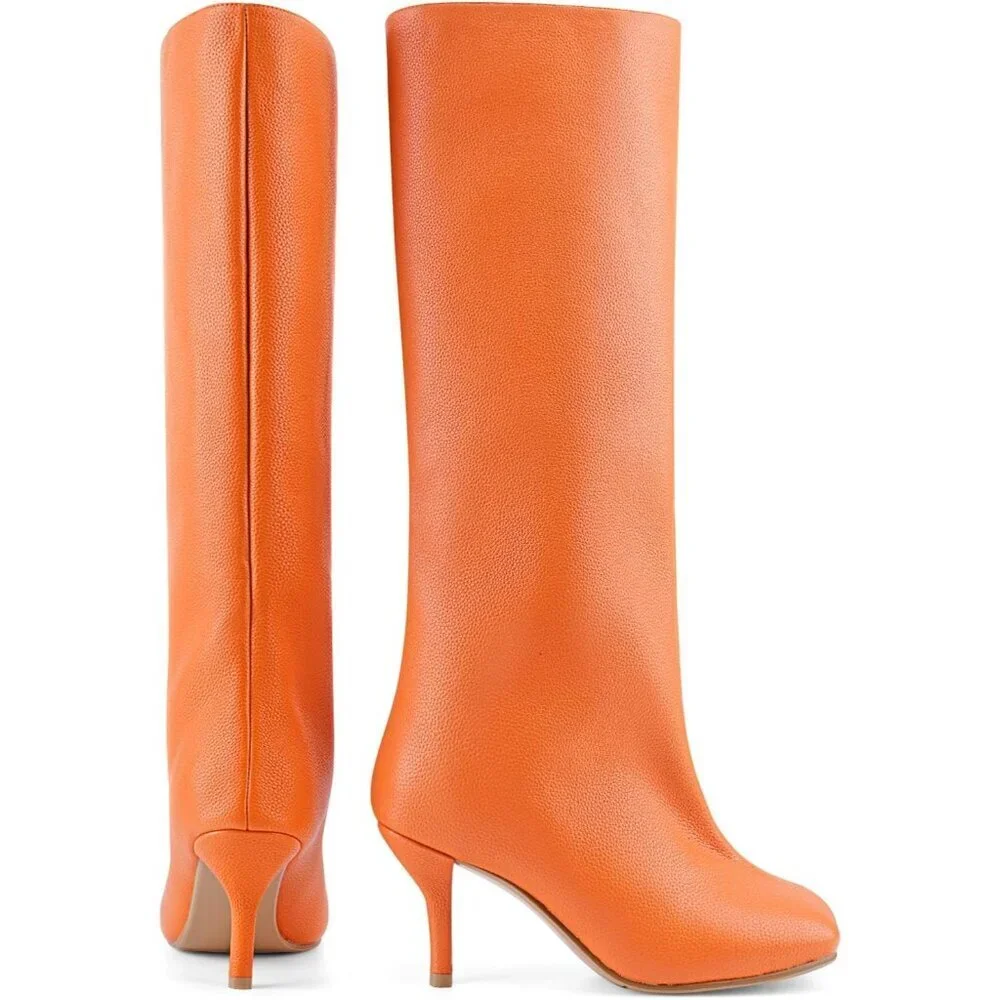 Women's Orange Lychee Wide Calf Square Toe Stiletto Heels Knee High Suede Boots